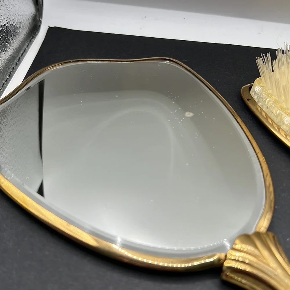 Vintage flower vanity hand mirror and brush